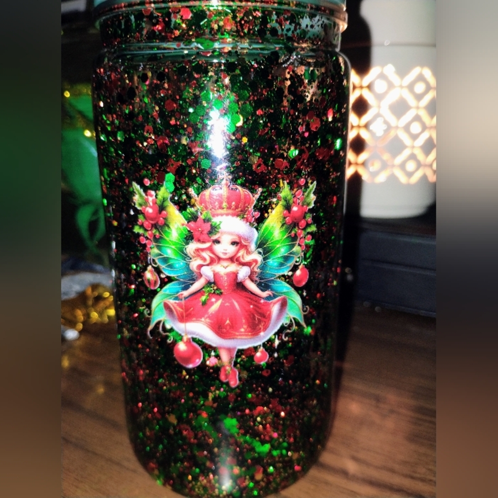 Glitter Fairy Christmas Snowglobe Cup eith Green And Red Glitter
